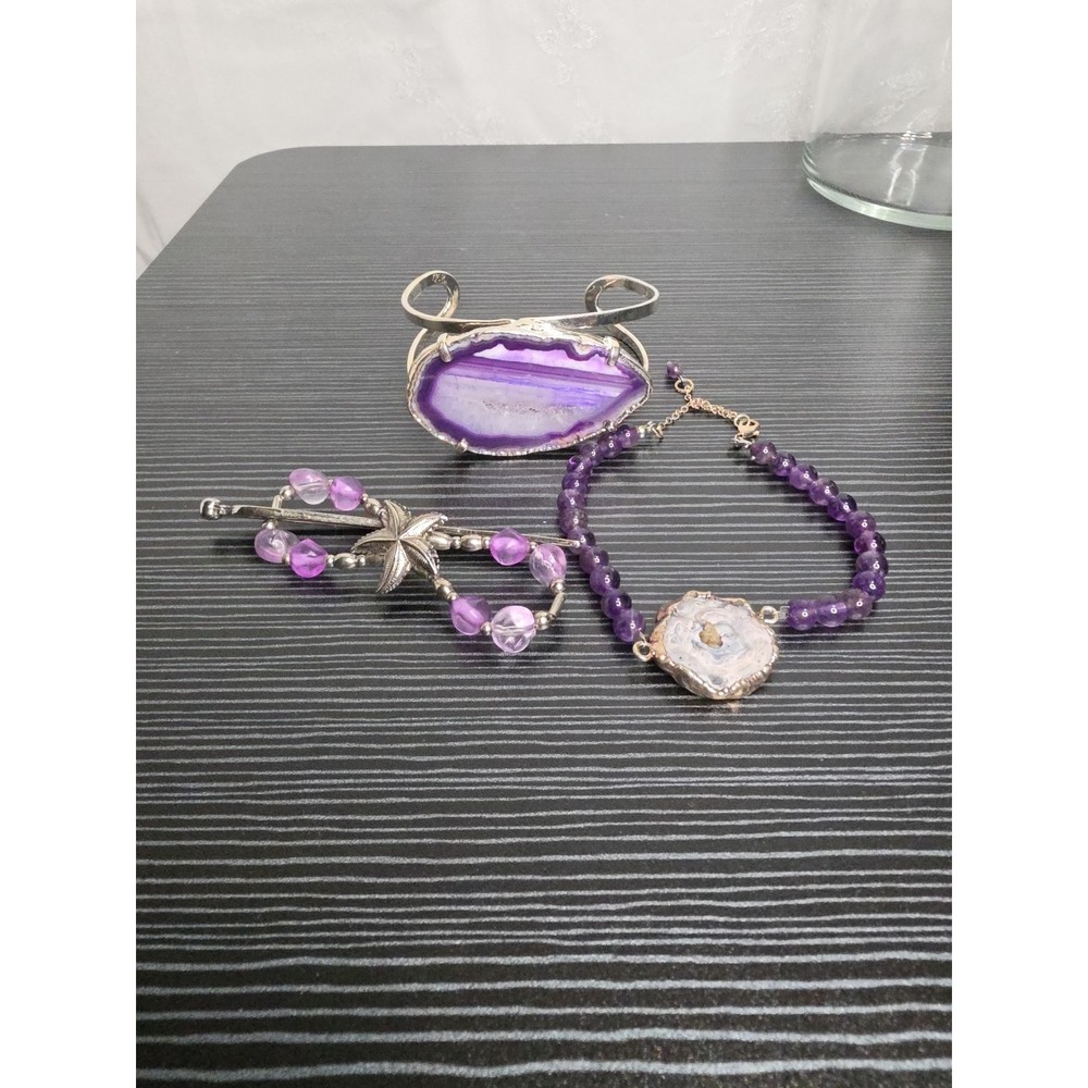 Purple Agate Geode Jewelry Set Cuff Bracelet Amethyst Bead Hair Clip *handmade*